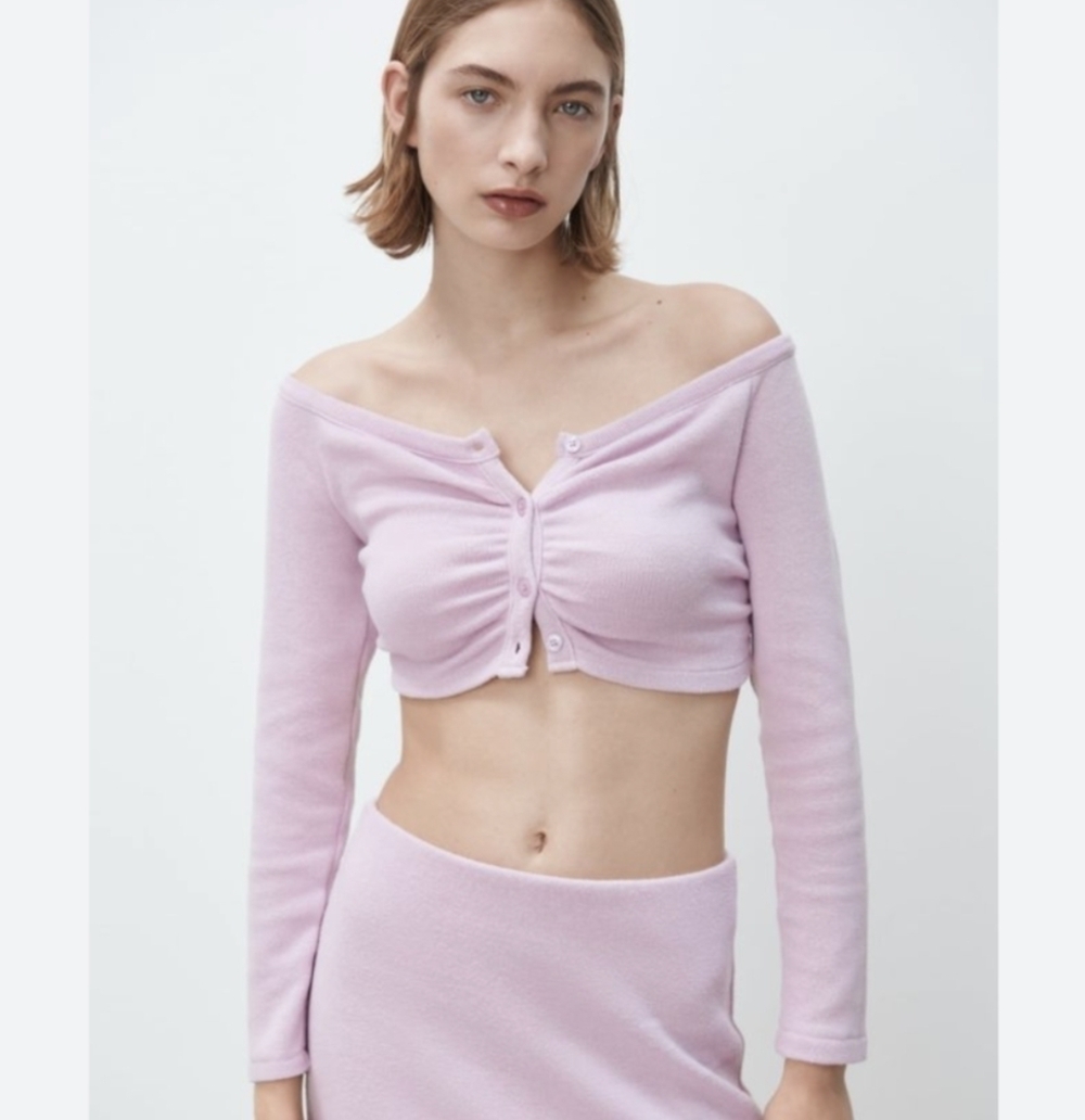 Zara soft ruched knit cardigan lilac pastel purple Large T9